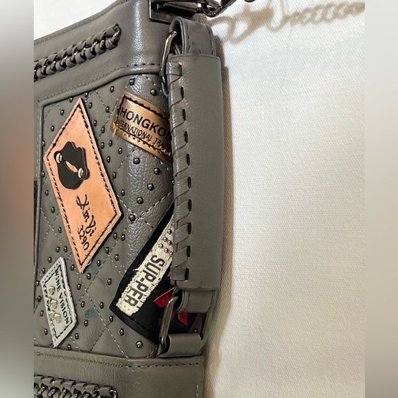 La Polo Women’s Crossbody Bag Gray Silver Faux Leather Patches Designer Purse - Picture 6 of 14